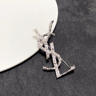 YSL Crystal Monogram Silver Brooch