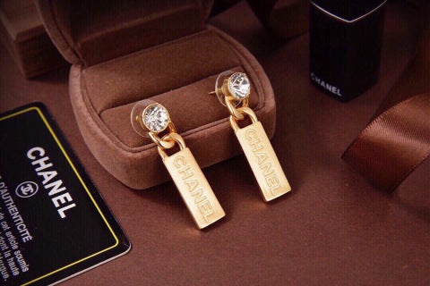 CHANEL Signature Tag Crystal Drop Earrings