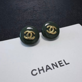 Chanel Emerald Enamel Signature CC Stud Earrings